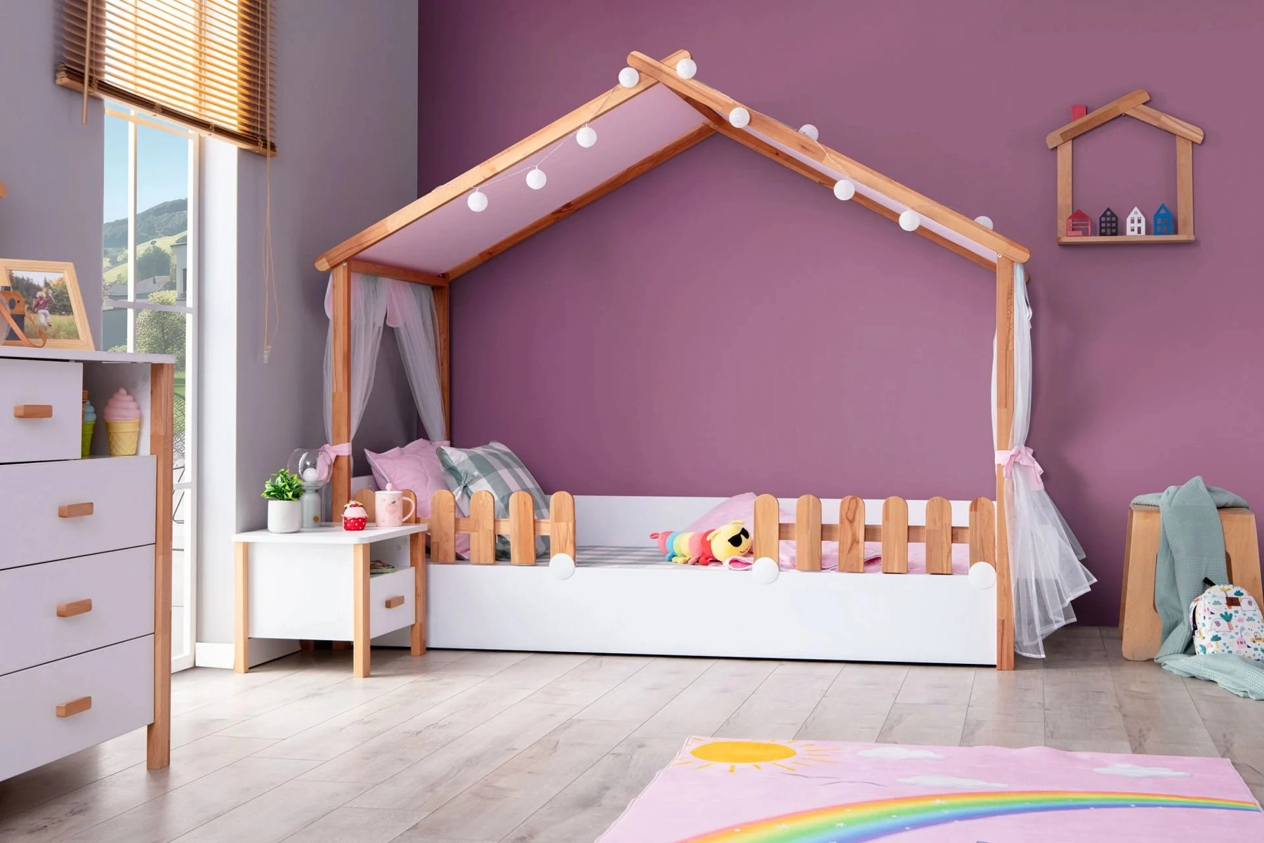 My House New Ahşap Ev Karyola Çadır (Pembe) Montessori
