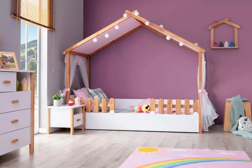 My House New Ahşap Ev Karyola Çadır (Pembe) Montessori